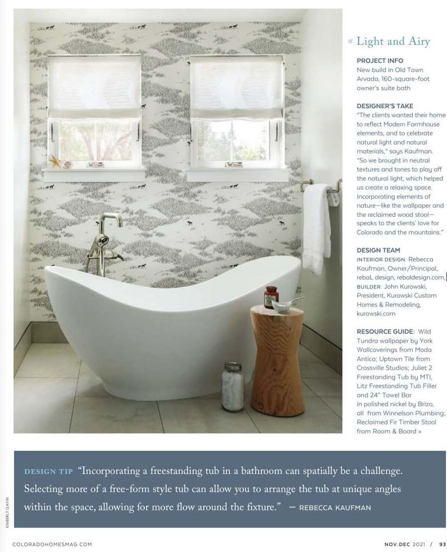 Colorado Homes Magazine Featuring rebaL design's Colorado Primary Bathroom design