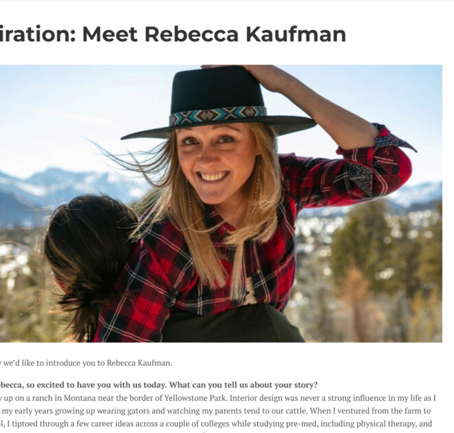 Rebecca Kaufman Interior Designer Denver Interview Cowgirl in Mountains Wearing Custom Hat