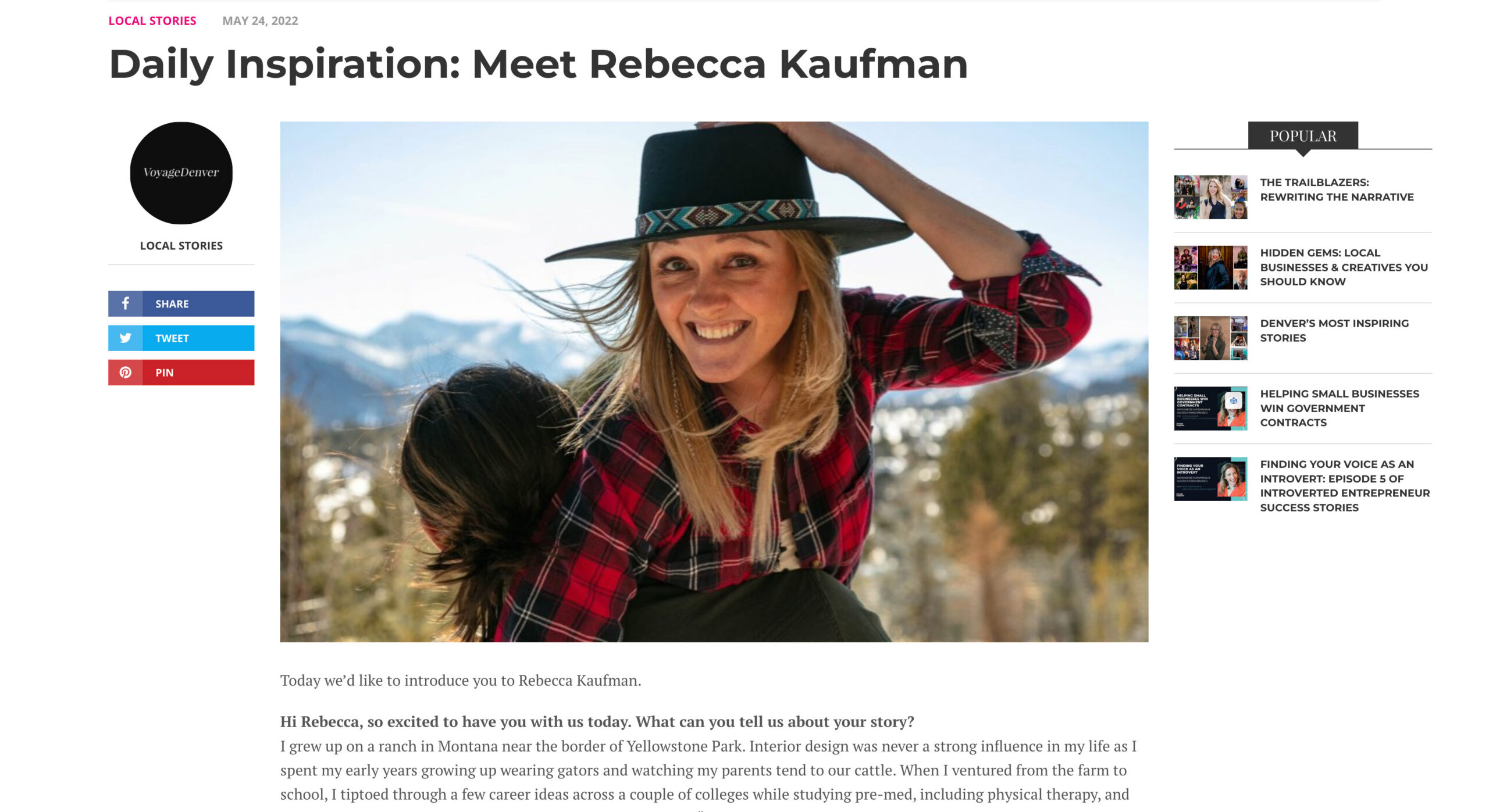 Rebecca Kaufman Interior Designer Denver Interview Cowgirl in Mountains Wearing Custom Hat