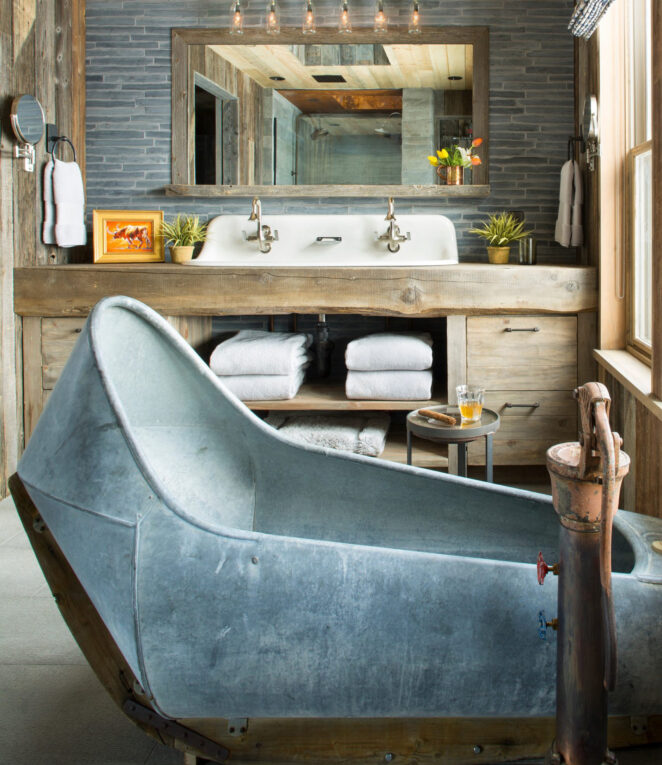 Modern Mountain/Rustic Primary Bathroom with Client Eastwood Movie Bathtub in a Colorado Ranch Cabin