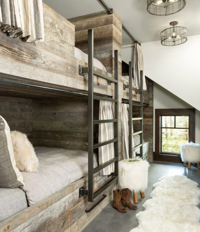 Mountain Modern Bunk Room with Weathered Barn Wood and Faux Fur Pillows and Stools