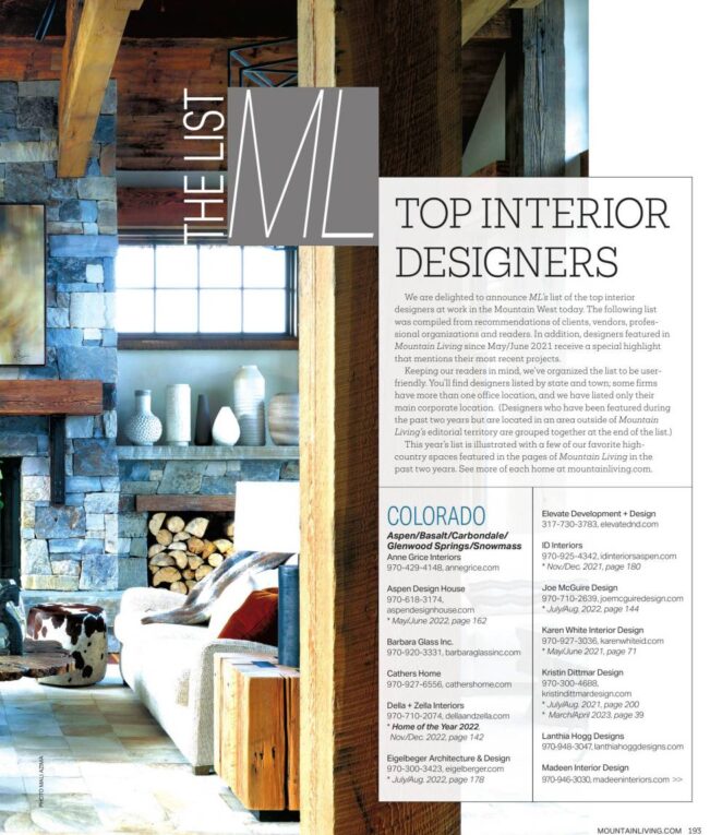 Mountain Living magazine spread featuring the Top Interior Designers in the Mountain West for 2023